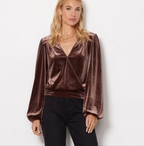 Evereve Kenna Velour  V-neck Surplice Wrap Brown Top Size S